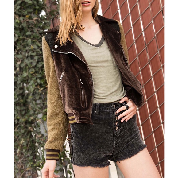Velvet Sherpa Contrast Moto Jacket Brown - Picture 2 of 7